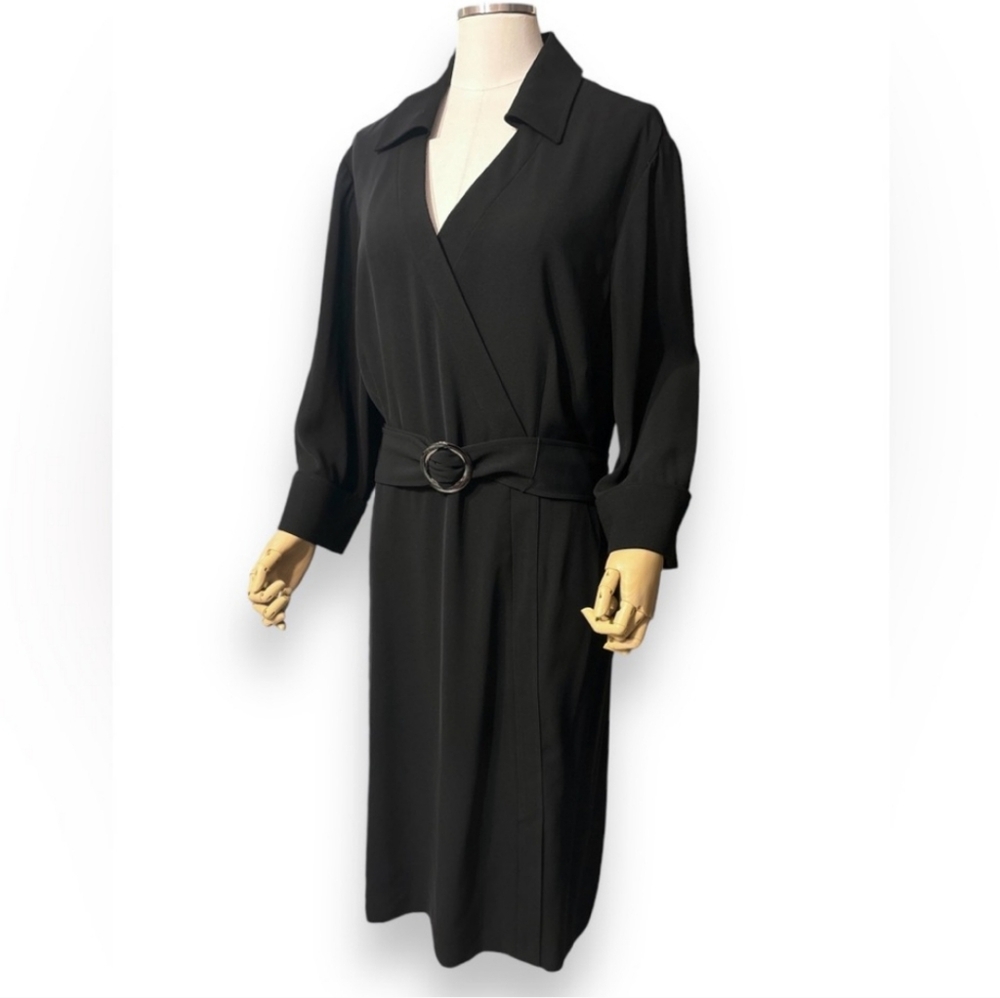TAHARI ASL Black Collared Faux Wrap Dress with Belt